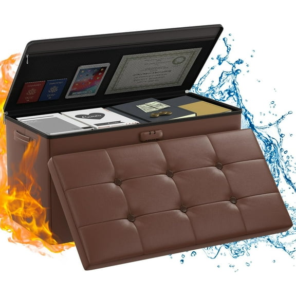Storage Ottoman Bench,Fireproof Folding Bench with Lock,30 Fire&Water Resistant Storage Chest Foot Rest Stool Leather Bench with Storage Safe for Document,Valuables, Brown
