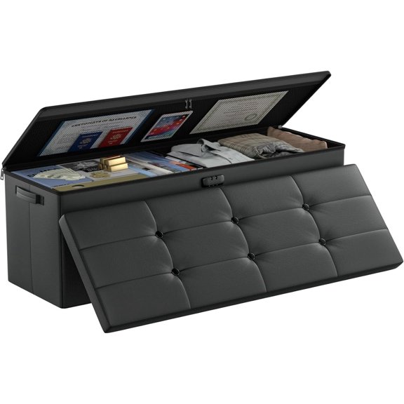 Storage Ottoman Bench,FireproofWaterproof Folding Bench with Lock(15x 43x15),Leather Storage Chest with Handles2 Extra Boxes,Ottoman Safe for Bedroom,Living Room,Home Office,Black