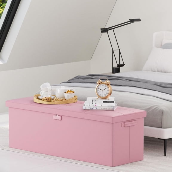 Storage Ottoman Bench, Fireproof&Waterproof Folding Bench with Lock(15”x 43”x15”), Leather Storage Chest with Handles&2 Extra Boxes, Ottoman Safe for Bedroom,Living Room,Home Office, Pink