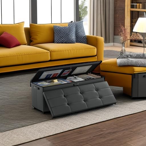 Storage Ottoman Bench,Fireproof&Waterproof Folding Bench with Lock(15”x 43”x15”),Leather Storage Chest with Handles&2 Extra Boxes,Ottoman Safe for Bedroom,Living Room,Home Office,Black