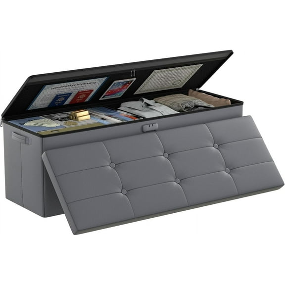 Storage Ottoman Bench,Fireproof&Waterproof Folding Storage Bench with Lock(15”x 43”x15”),Leather Storage Chest with Handles&2 Extra Storage Boxes,Storage Safe for Bedroom,Living Room,Gray