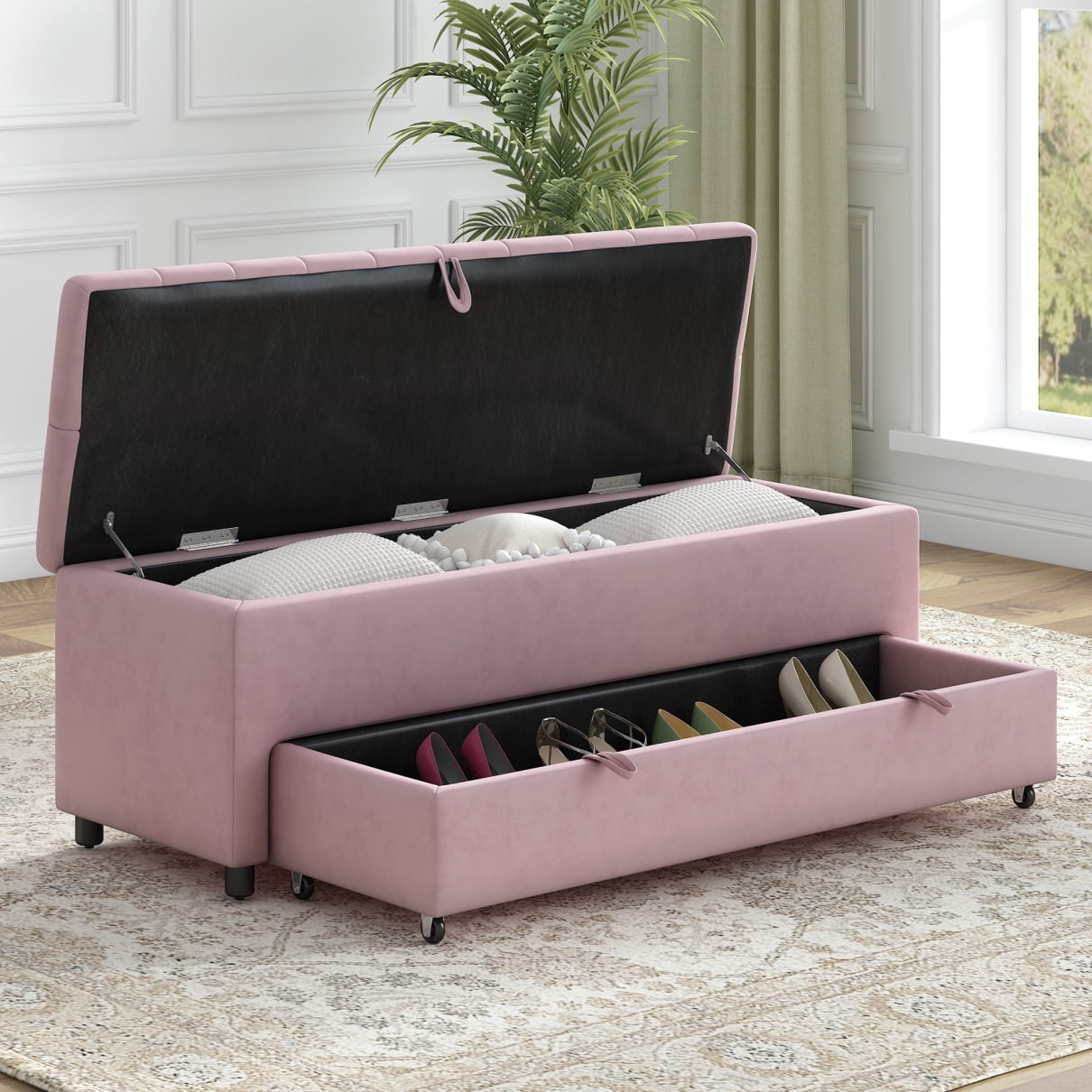 Storage Ottoman Bench, FlipUp Storage Bench with PullOut Drawer