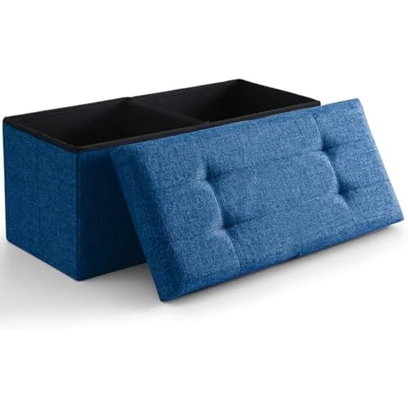 Storage Ottoman Bench Foldable Seat Footrest Shoe Bench End of Bed Storage with Flipping Lid, 75L Storage Space, 30 inches Linen Fabric Dark Blue