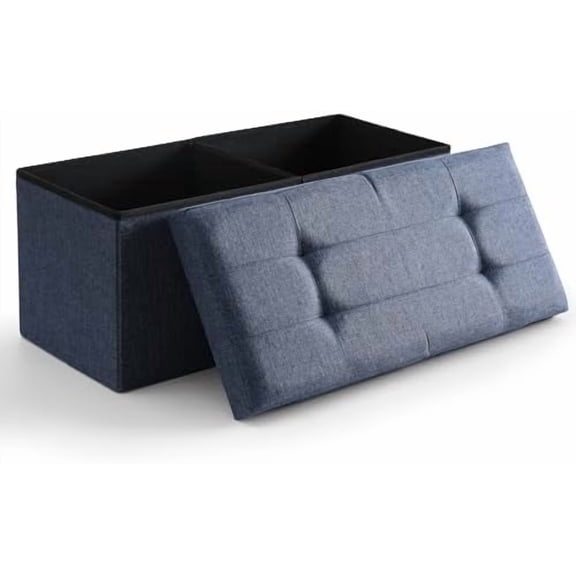 Storage Ottoman Bench Foldable Seat Footrest Shoe Bench End of Bed Storage with Flipping Lid, 75L Storage Space, 30 inches Linen Fabric Navy