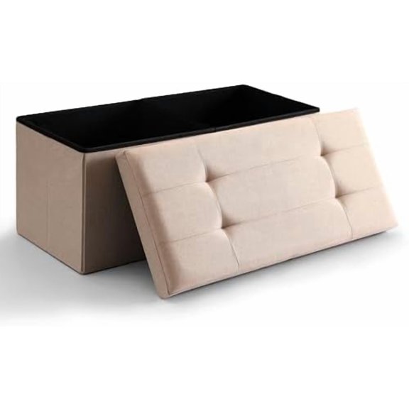 Storage Ottoman Bench Foldable Seat Footrest Shoe Bench End of Bed Storage with Flipping Lid, 75L Storage Space, 30 inches Linen Fabric Sandy Beige