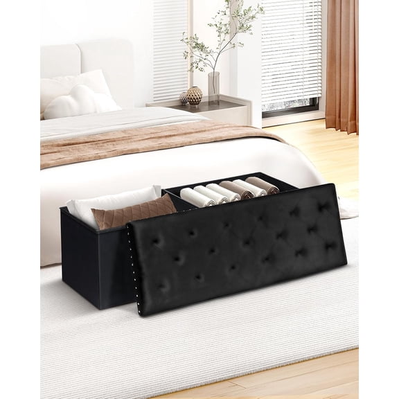 Storage Ottoman Bench, Folding Tufted Ottomans with Storage, Extra Large 140L Footrest Bench for Bedroom, Luxury Velvet Fabric 43 Inches Black