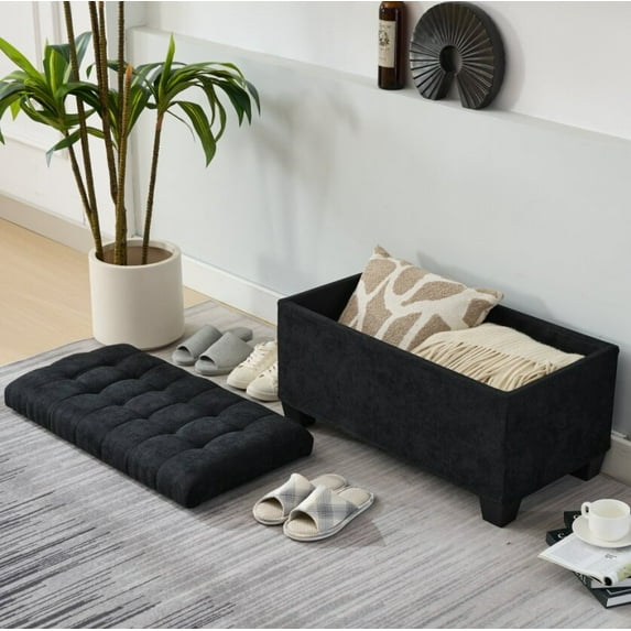 16" X 30" Storage Ottoman Bench with Removable Cover, 660Lb Capacity Black Footrest Stool, Multi-Functional Chest for Bedroom, Living Room & Entryway