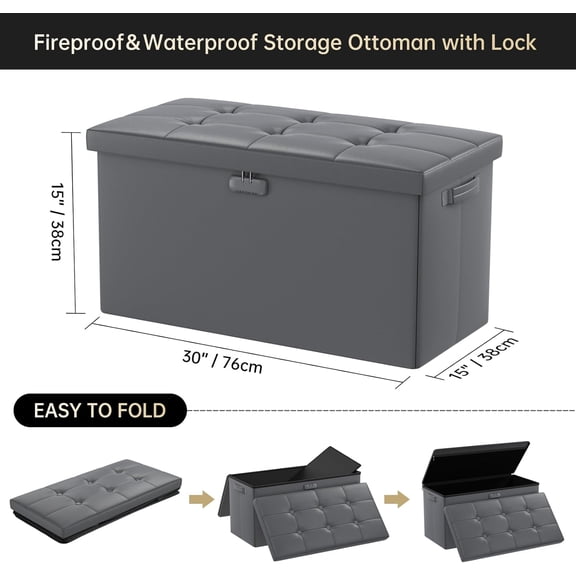 Storage Ottoman Bench with Lock, Fireproof 30 Inches Folding Bench Foot Rest Stool Storage Chest Safe for Living Room, Bedroom, Home Office, Waterproof Leather Ottoman with Handles, Gray
