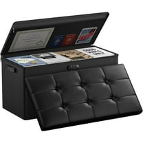 Storage Ottoman Bench with Lock,Fireproof 30 Inches Folding Bench Foot Rest Stool Storage Chest Safe for Living Room,Bedroom,Home Office,Waterproof Leather Ottoman with Handles,Black