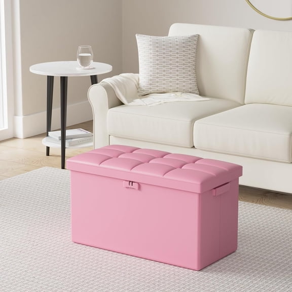 Storage Ottoman Bench with Lock, Fireproof 30 Inches Folding Bench Foot Rest Stool Storage Chest Safe for Living Room, Bedroom, Home Office, Waterproof Leather Ottoman with Handles, Pink