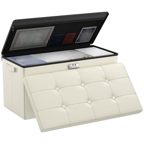Storage Ottoman Bench with Lock,Fireproof Folding Bench Foot Rest Stool Storage Chest Safe for Living Room,Bedroom,Home Office,Waterproof Ottoman with Handles