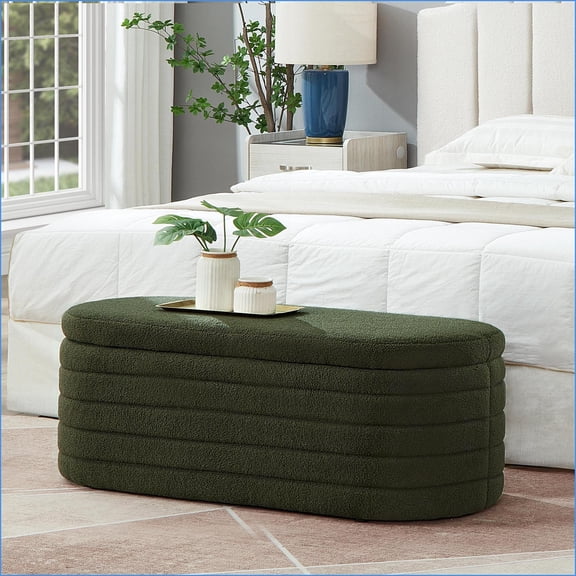Storage Ottoman Bench, Modern Boucle Teddy Fabric with Storage & Safety Hinge for Bedroom/Living Room/Entryway | Forest Green | Fabric