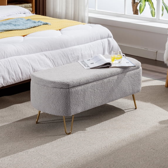 Storage Ottoman Bench, Modern Faux Fur Entryway Bench with Iron Legs, Upholstered Seat, Large Storage Bench for Living Room, Bedroom, End of Bed, Entryway, Grey