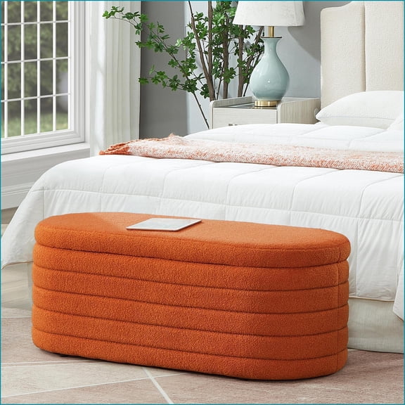 Storage Ottoman Bench, Modern Oval with Safety Hinge | Large Storage | Orange Boucle Teddy Fabric