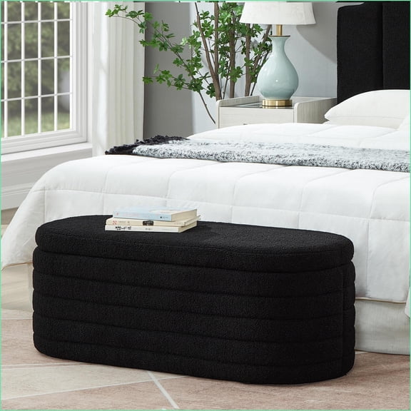 Storage Ottoman Bench, Modern Teddy Fabric with Safety Hinge for End of Bed, Living Room | Black | Teddy