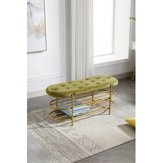 Modern Gray Entryway Bench with Shoe Storage Velvet Upholstered with Gold Frame and Shel