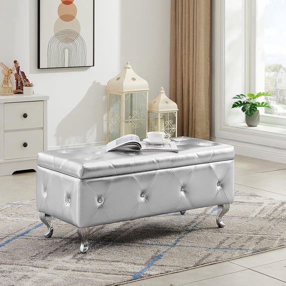 Storage Ottoman Bench, PU Leather Upholstered Storage Bench with Button, Luxury Button Tufted Bench with Metal Leg and Safety Hinge, Flip Top Footrest Bench for Bedroom Entryway Living Room, Silver