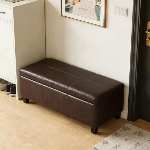 Storage Ottoman Bench, Rectangular Ottoman, Upholstered Bench with Safety Hinges and Large Storage, Solid Wood Frame Assembled for Living Room, Entryway, Family Room, Distressed Brown