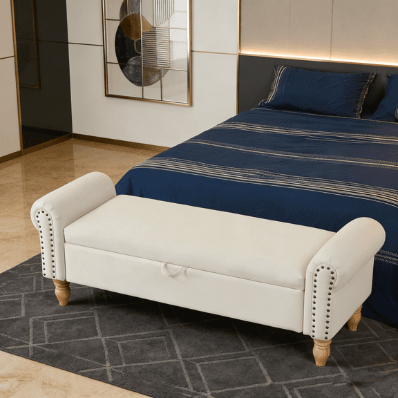 Storage Ottoman Bench with Rolled Arms and Solid Wood Legs Upholstered Fabric End of Bed Bench with Hidden Storage, Indoor Bench for Living Room, Entryway, Bedroom, Beige