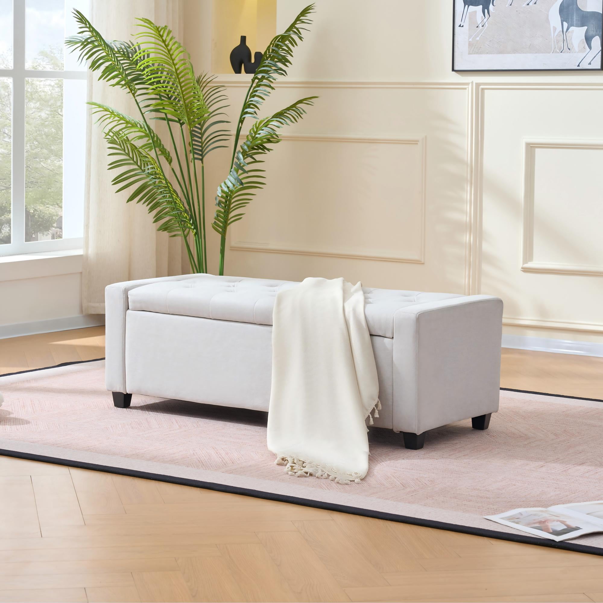 Storage Ottoman Bench with Safety Hinge, Upholstered Entryway Bench with Button Tufting, Diamond Stitching and Wood Frame, Fabric Storage Seat for Living Room and Bedroom End of Bed, 48 Inch, Beige