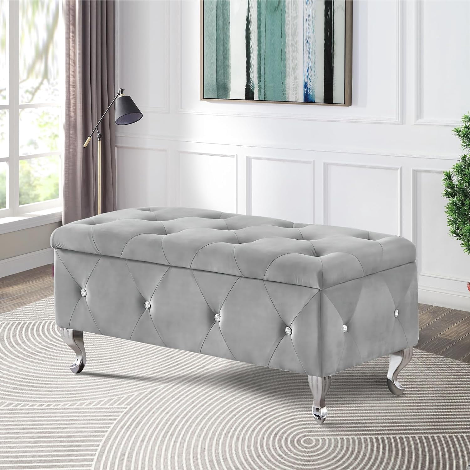 Bench Button Storage Ottoman Bench, Soft Velvet Upholstered Storage Bench with ...