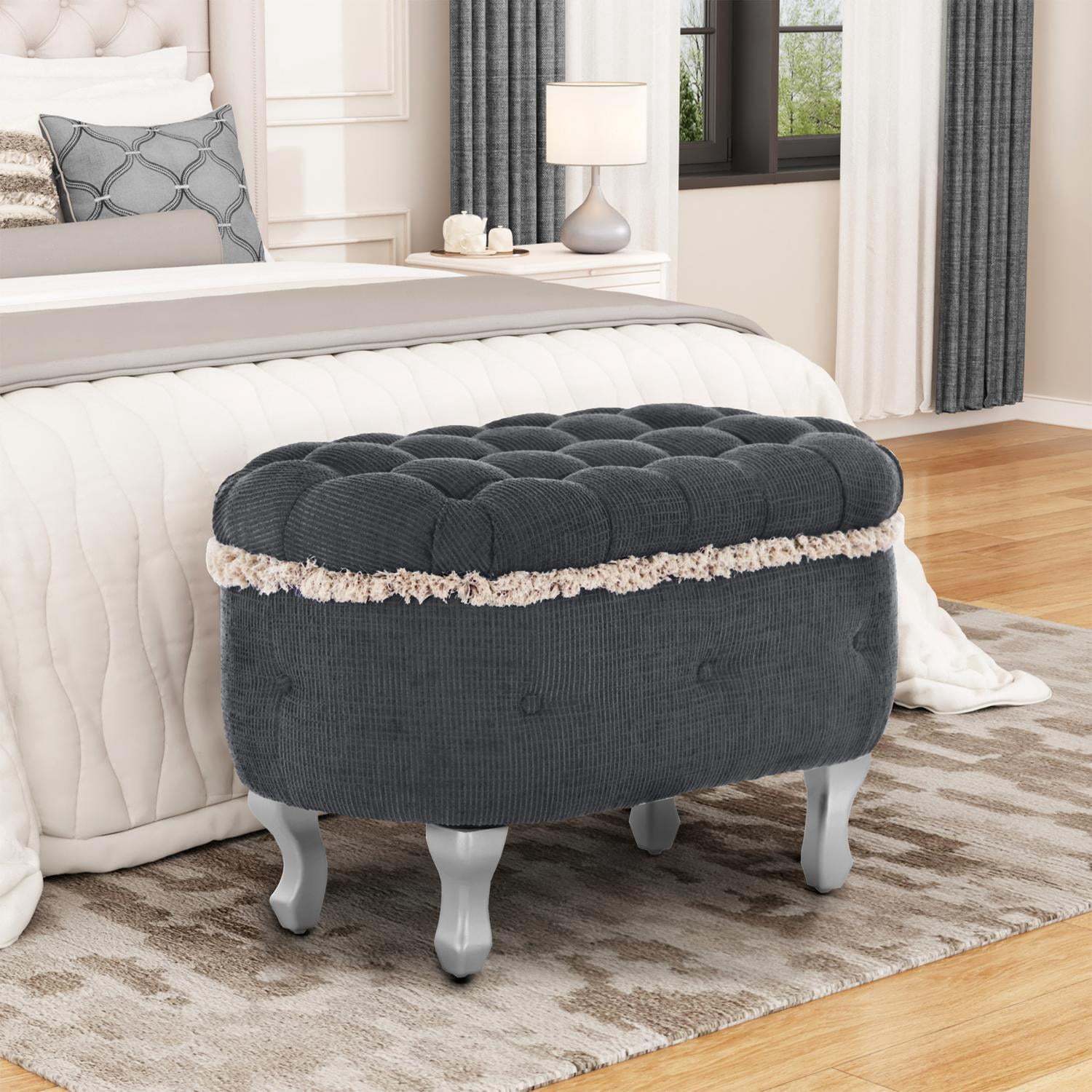 Storage Ottoman Bench with Tufted Design and Tassel Fringe, Multi-Functional Bench for Bedroom Footboard, Entryway Shoe Storage, or Window Seat, High-Density Foam, Grey (29.5"L)