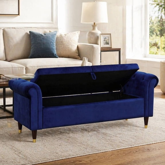Storage Ottoman Bench, Tufted Upholstered End of Bed Bench with Rolled Arms, Large Hidden Storage Bench for Bedroom, Entryway & Living Room, Blue