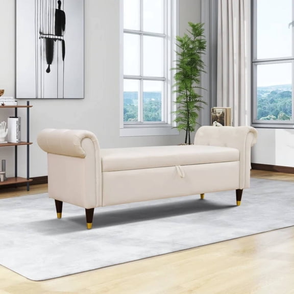 Storage Ottoman Bench, Tufted Upholstered End of Bed Bench with Rolled Arms, Large Hidden Storage Bench for Bedroom, Entryway & Living Room, White