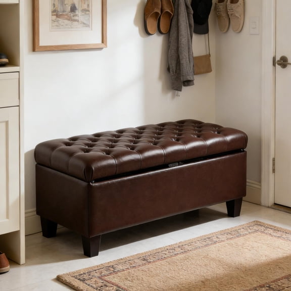 Storage Ottoman Bench, Upholstered Ottoman, Bench with Safety Hinges and Extra Seating, Solid Wood Construction for Living Room, Dining Room, Entryway, Hallway, 50.25 Inch Wide, Brown