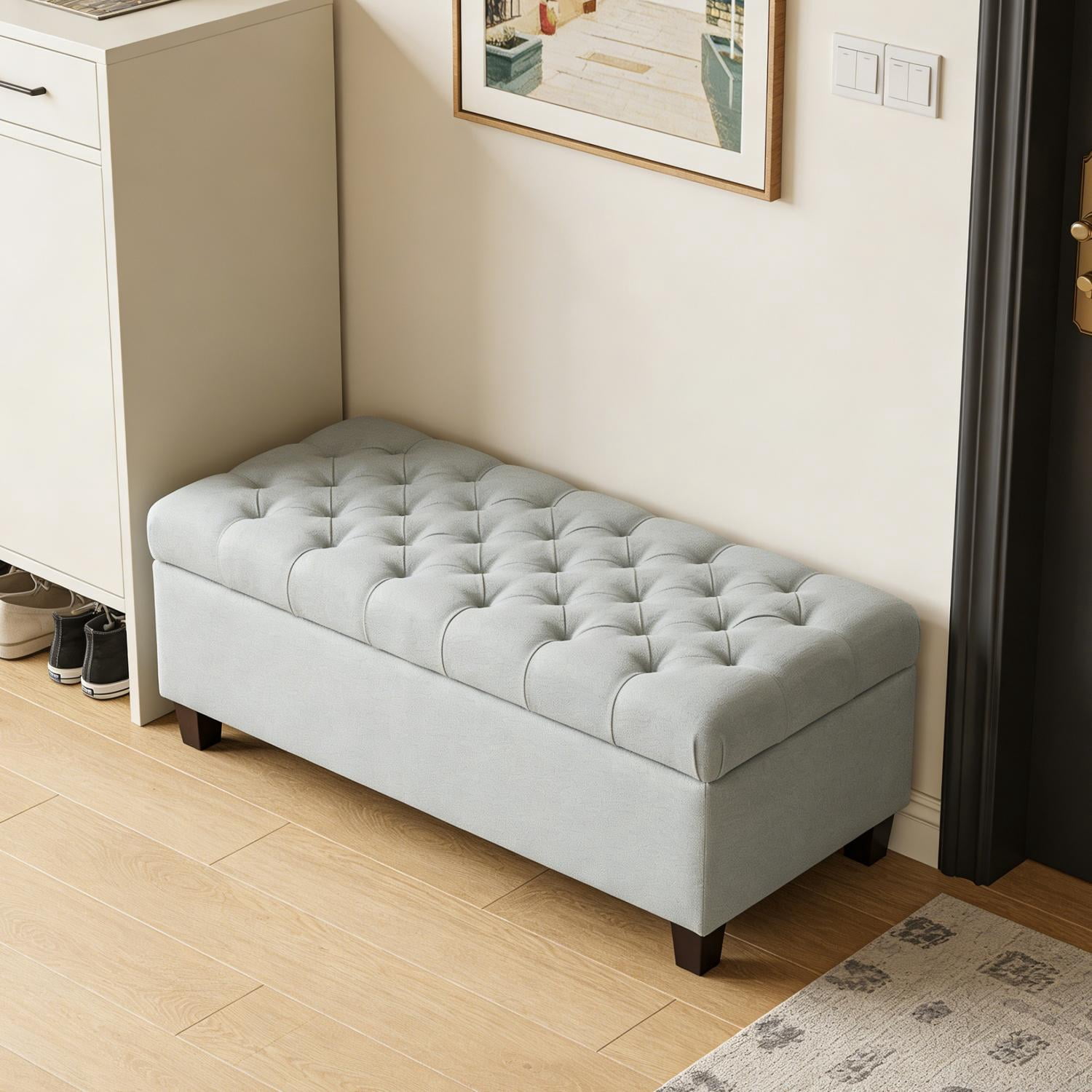 Storage Ottoman Bench, Upholstered Ottoman, Bench with Safety Hinges and Extra Seating, Solid Wood Frame for Living Room, Dining Room, Entryway, Hallway, 50.25 Inch Wide, Baby Blue