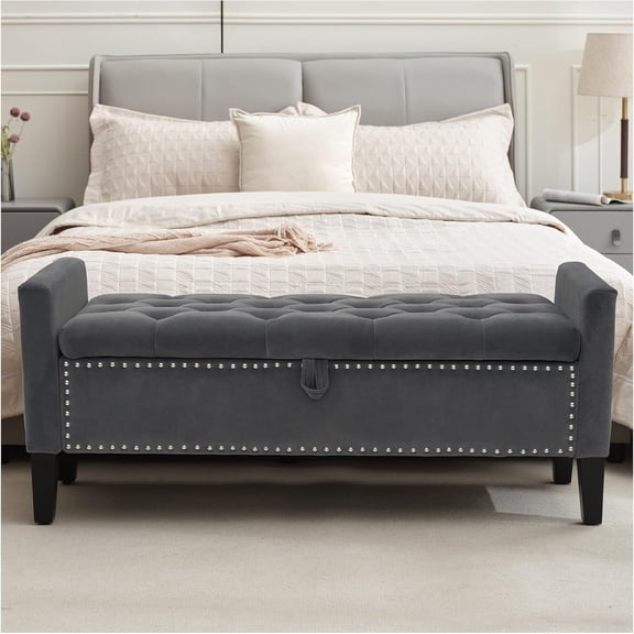 Storage Ottoman Bench, Velvet Upholstered Footstool for Bedroom and Living Room, Frosted Flannel Seat with Storage, Wooden Legs & Metal Rivets, Dark Grey