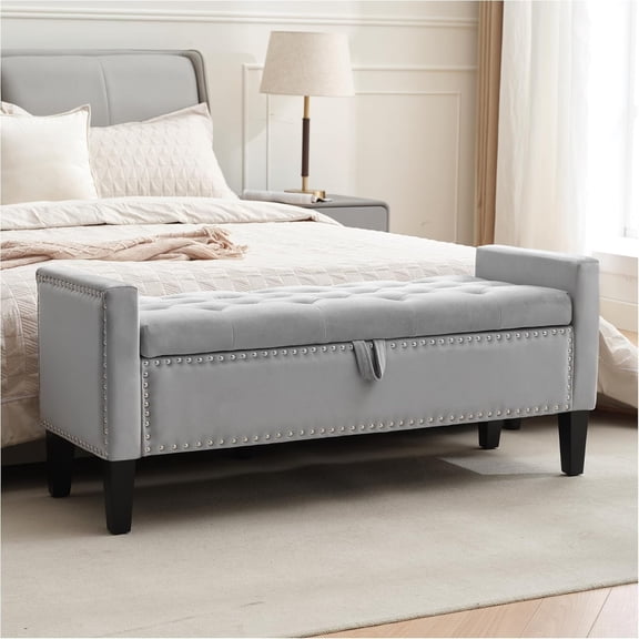 Storage Ottoman Bench, Velvet Upholstered Footstool for Bedroom and Living Room, Tufted Seat with Storage, Wooden Legs & Metal Rivets, Grey