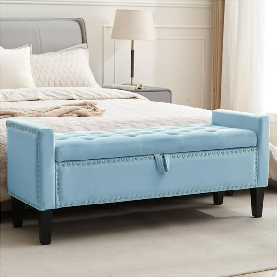 Storage Ottoman Bench, Velvet Upholstered Footstool for Bedroom and Living Room, Tufted Seat with Storage, Wooden Legs & Metal Rivets, Light Blue
