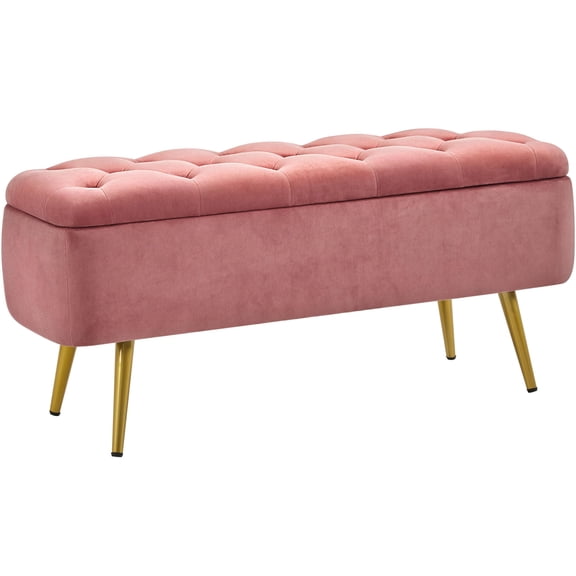 Storage Ottoman Bench,Velvet Upholstered Seat Bench with Safety Hinge Lid,Multipurpose Furniture Bench for Entryway,Bedroom,Household Rest Seating Bench Supporting Max 519 lb Weight Capacity,Pink
