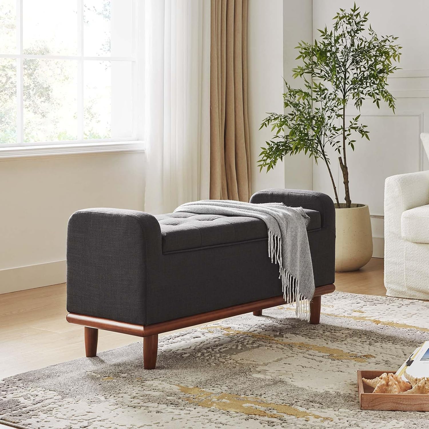 Storage Ottoman Bench With Arms & Wooden Legs, Button Tufted Bedroom