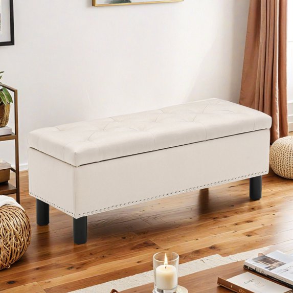Storage Ottoman Bench with Wood Legs, Upholstered Bedroom Bench with Button-Tufted, Storage Bench with High-density Resilient Sponge Rivet Design for Bedroom, Linen, Darkgrey