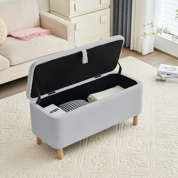 Storage Ottoman Bench with Wooden Legs, Modern Boucle Upholstered Storage Sofa Bench, Multifunctional Foot Stool for Living Room, Bedroom, Entryway, Grey
