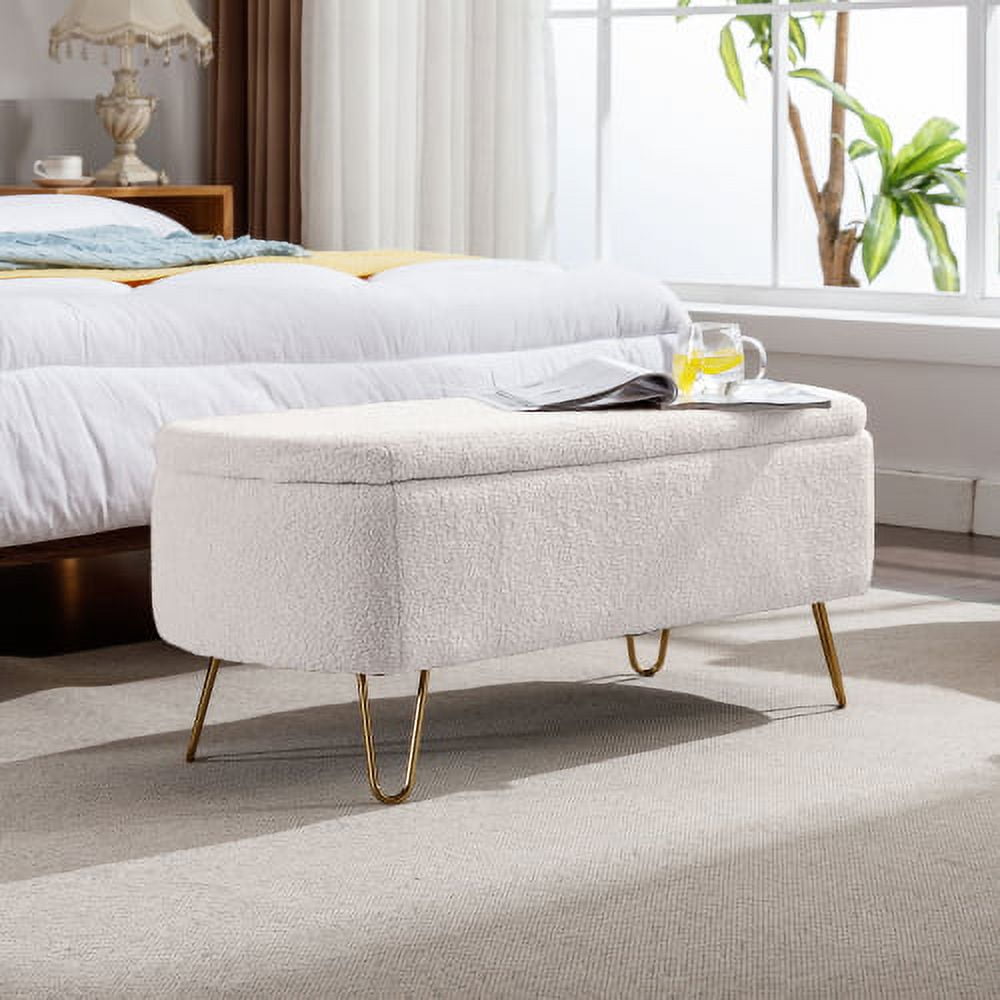 Storage Ottoman Bench with Gold Legs, Faux Fur Entryway Bench with Storage for Living Room, Bedroom, Beige