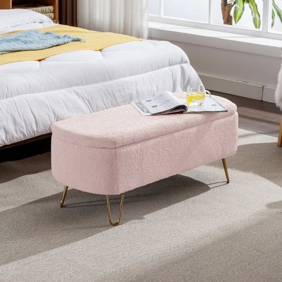 Storage Ottoman Bench with Gold Legs, Faux Fur Entryway Bench with Storage for Living Room, Bedroom, Pink
