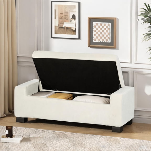 Storage Ottoman Bench with Hidden Compartment, 50-Inch Rectangle, White-Toned Polyester Upholstery, Modern Entryway or Bedroom Seating