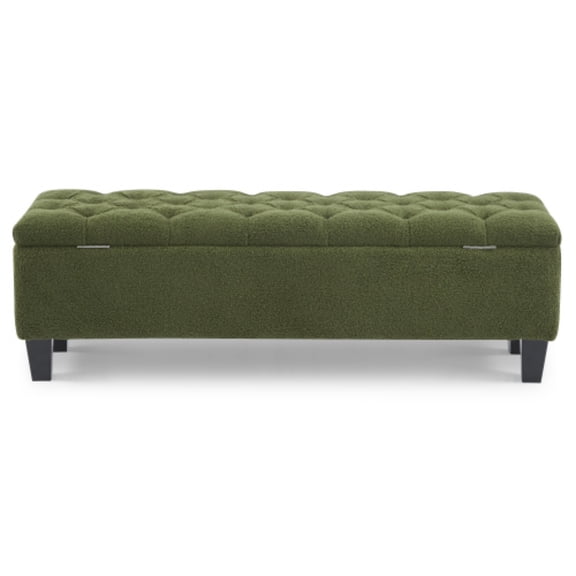 Storage Ottoman Bench with Hinged Lid, Green PU Upholstered Entryway Bench with Rubber Wood Legs, Bedroom Living Room Bench, 300 lbs