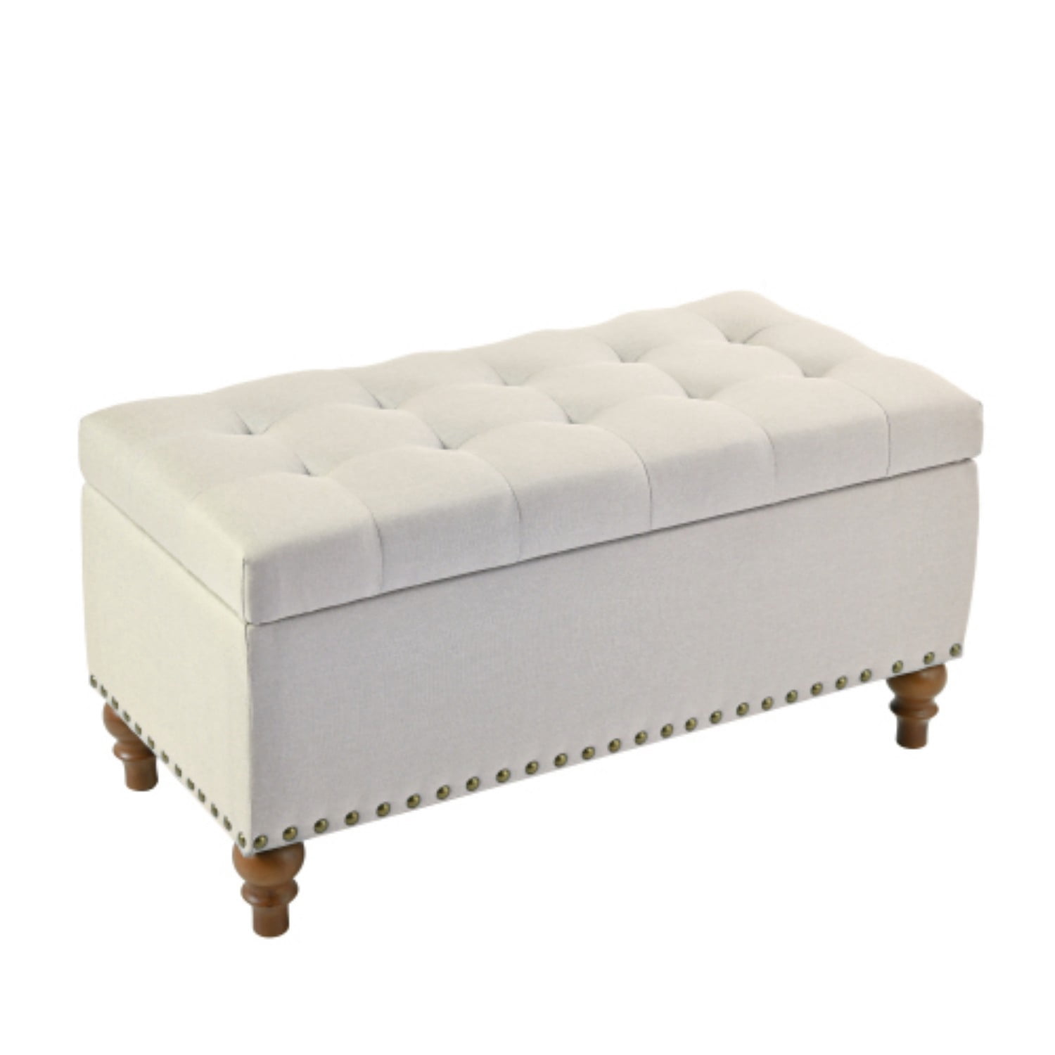 Storage Ottoman Bench with Hinged Lid, Linen Upholstered Footrest with Hidden Storage, Bedroom Entryway Living Room Bench, Beige