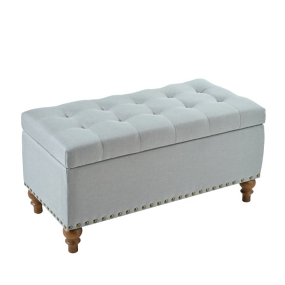 Storage Ottoman Bench with Hinged Lid, Linen Upholstered Footrest with Hidden Storage, Bedroom Entryway Living Room Bench, Grey
