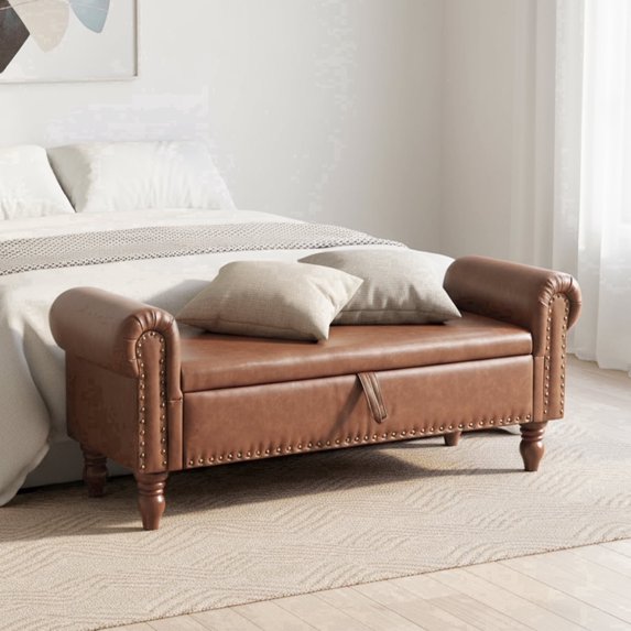 ATOMSPACE Storage Bench End of Bed with Rolled Arms, Mid-Century Faux Leather Large Storage Bench for Bedroom, Brown