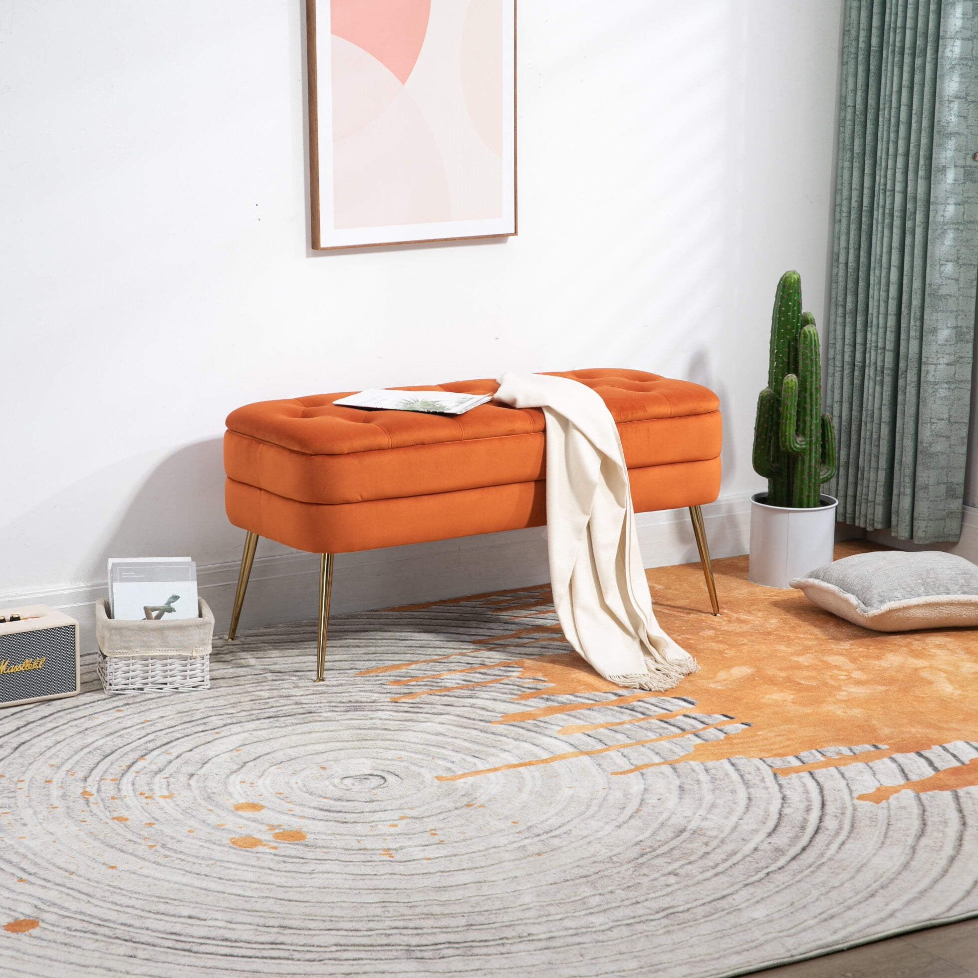 Storage Ottoman Bench with Safety Hinge, Entryway Padded Footstool, Bedroom End Bench, Indoor