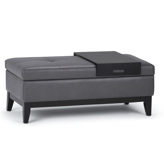 Storage Ottoman Bench with Serving Tray, Dark Gray Faux Leather Upholstered Lift Top Storage Chest Bench for Living Room Entryway