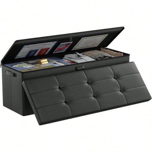 Storage Ottoman BenchFireproofWaterproof Folding Bench with Lock 15x 43x15 Leather Storage Chest with Handles2 Extra Boxes Ottoman Safe for Bedroom Living Room Home Office Black