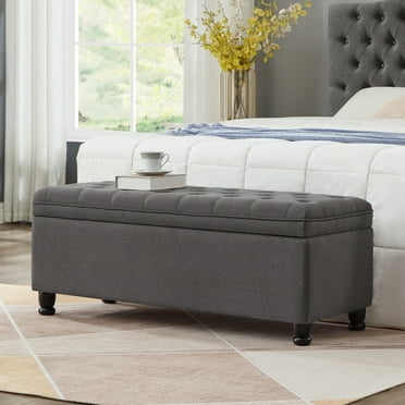 Storage Ottoman, Button-Tufted Storage Bench with Wooden Legs , 45.00"L*18.00"W*18.00"H Inches, Large Entryway Bedroom Bench for Bedroom, Living Room, Entryway, Linen-Look Cover, Dark Gray