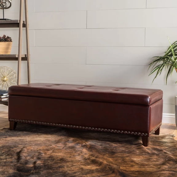 Storage Ottoman | Contemporary Decor for Basement | Leather Featuring Classic Tufted and Nailhead Details | Pressure - Based Lid Mechanism