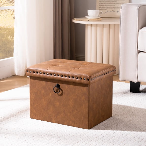 Storage Ottoman Cube 16x12x12 inches, Small Faux Leather Tuffed Foot Rest Stool with Rivet Design, Foldable Ottomans Footstool, Box Chest for Bedroom, Entryway, Load 242 lb, Grey